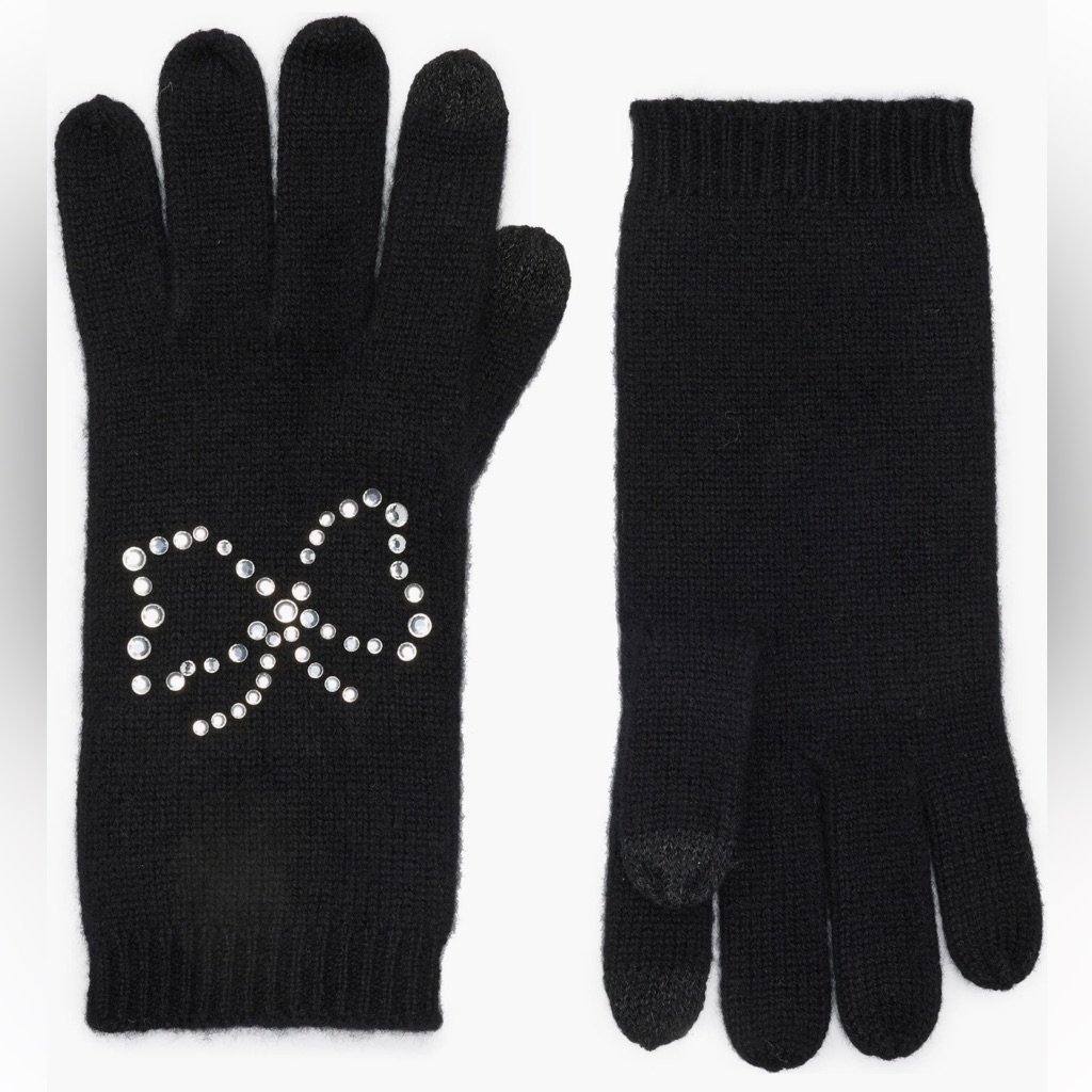 Sofia Cashmere Silver Crystal Stud Embellished Cashmere Gloves Black Os Nwt